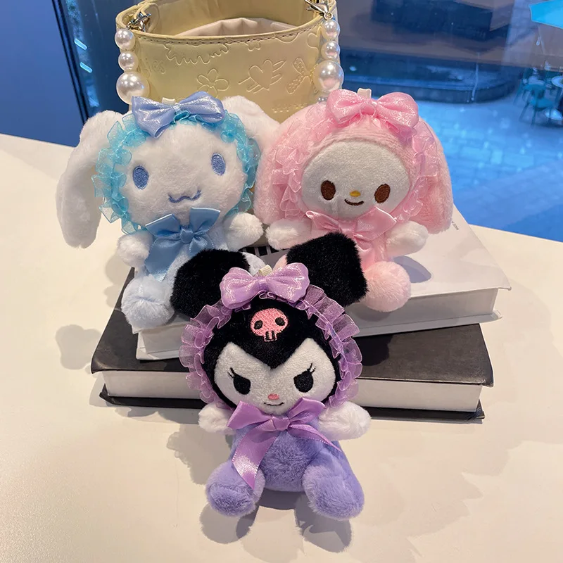 Carino Sanrio Peluche Anime Cinnamoroll Kuromi My Melody Fascia in pizzo Portachiavi bambola Kawaii Peluche Borsa Charms Chiave Catena squisita