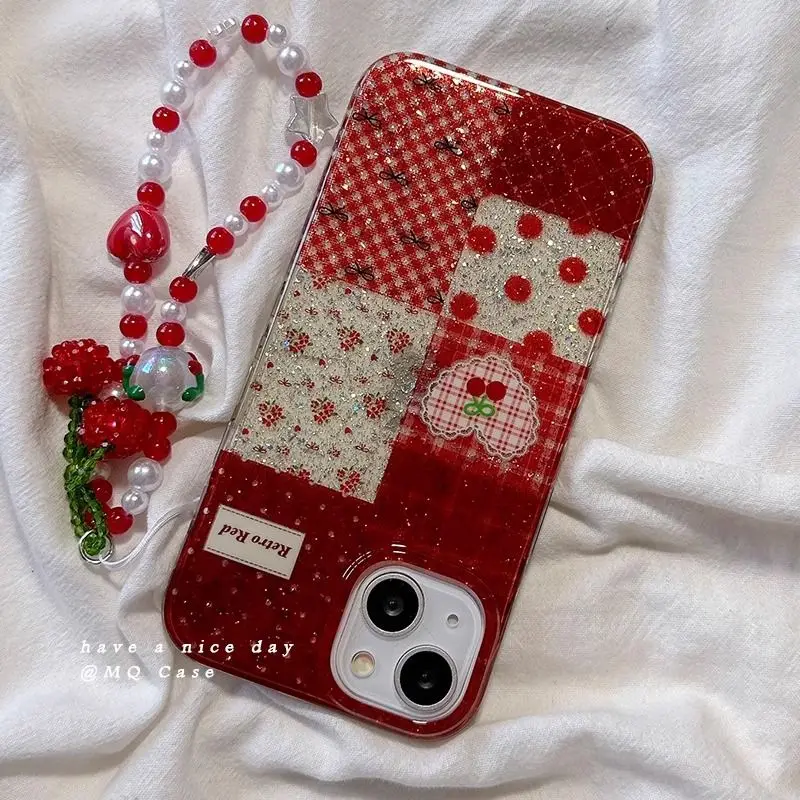 Custodia per cellulare Cherry con motivo a pois per IPhone 16 15 14 Pro Max Custodia per cellulare coreana creativa per IPhone 13 12 11 XR XS MAX Rosso