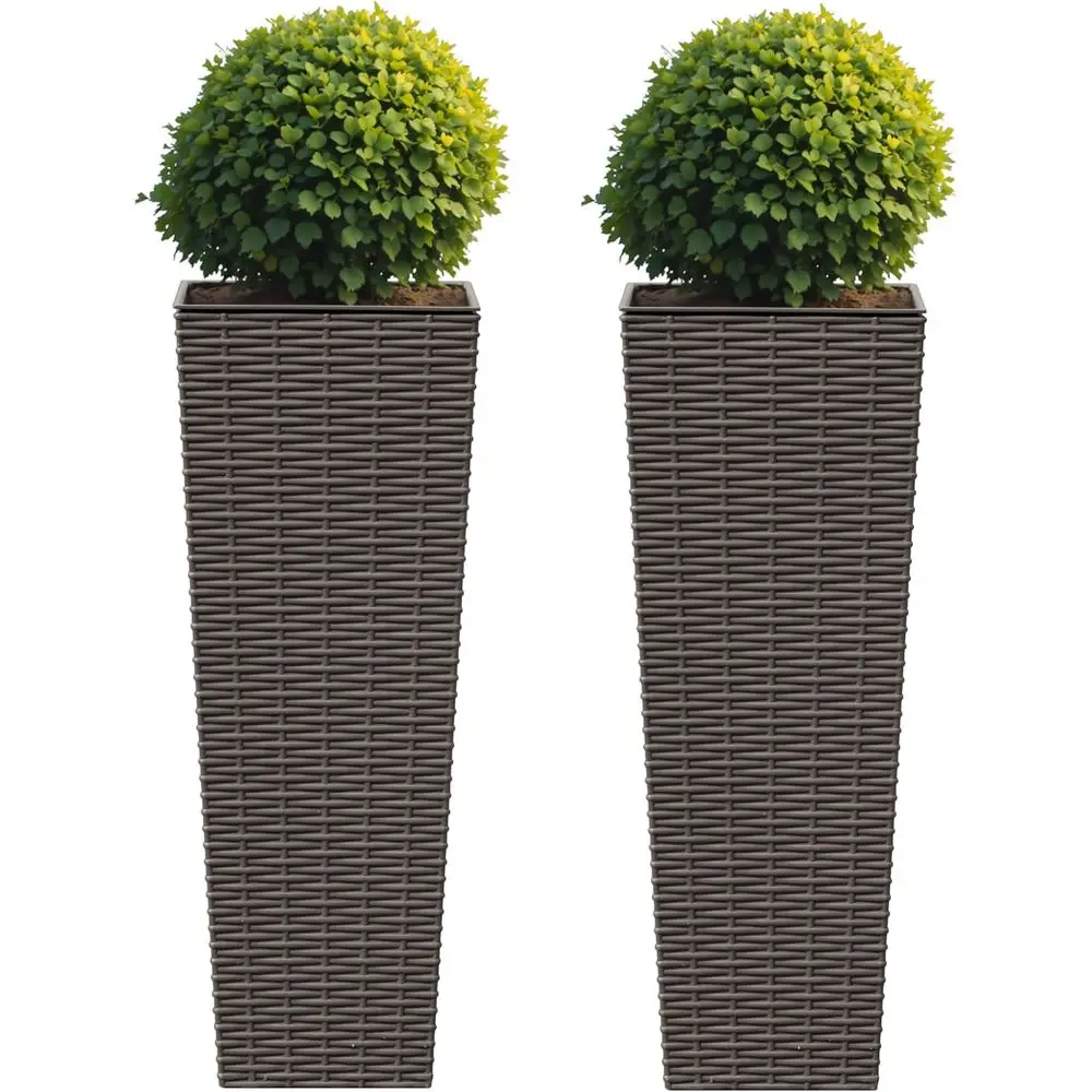 

Набор из 2 кашпо из искусственного ротанга, 24 высоких горшка с дренажем, устойчивые к погодным условиям, для сада и улицы (коричневые, малые)