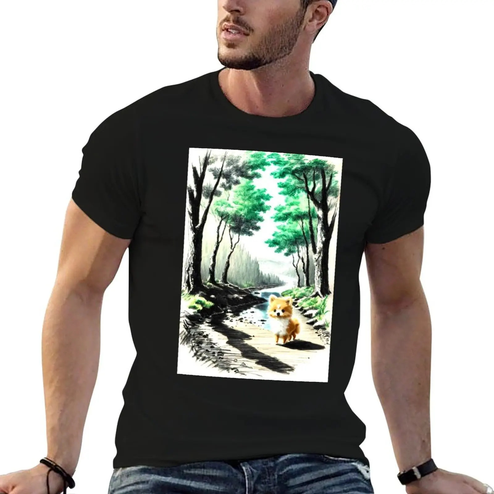 Enchanting Pomeranian Forest Trail: Colored Pencil Art Design T-Shirt customs summer clothes blacks plain black t shirts men