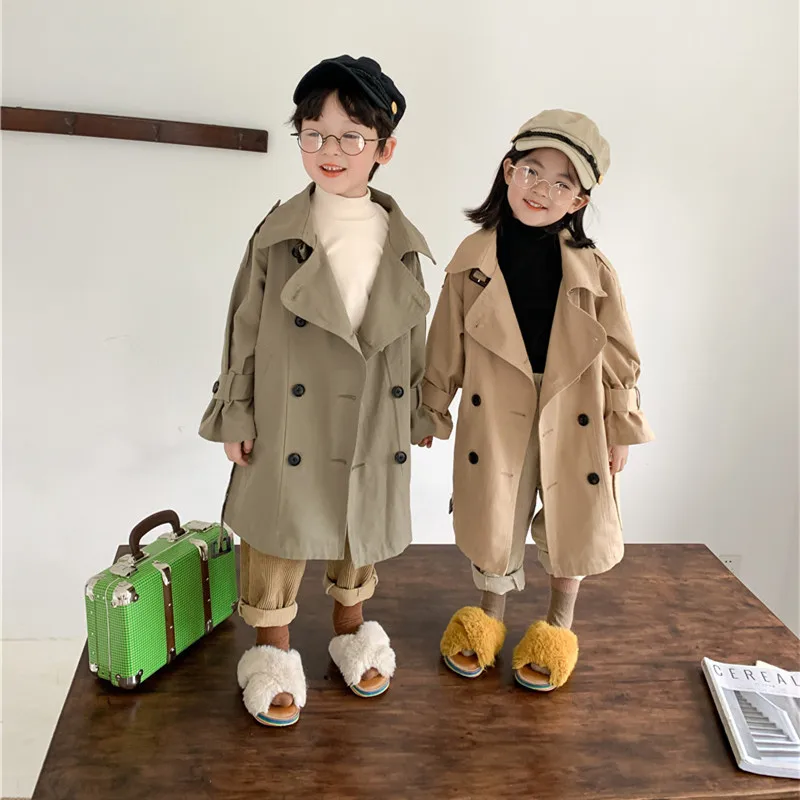 

2025 Spring Fall Kids Fashion Trench Coat 2-7 Years Boys and girls Big Turn-down Collar Long Windbreaker Children Outerwear
