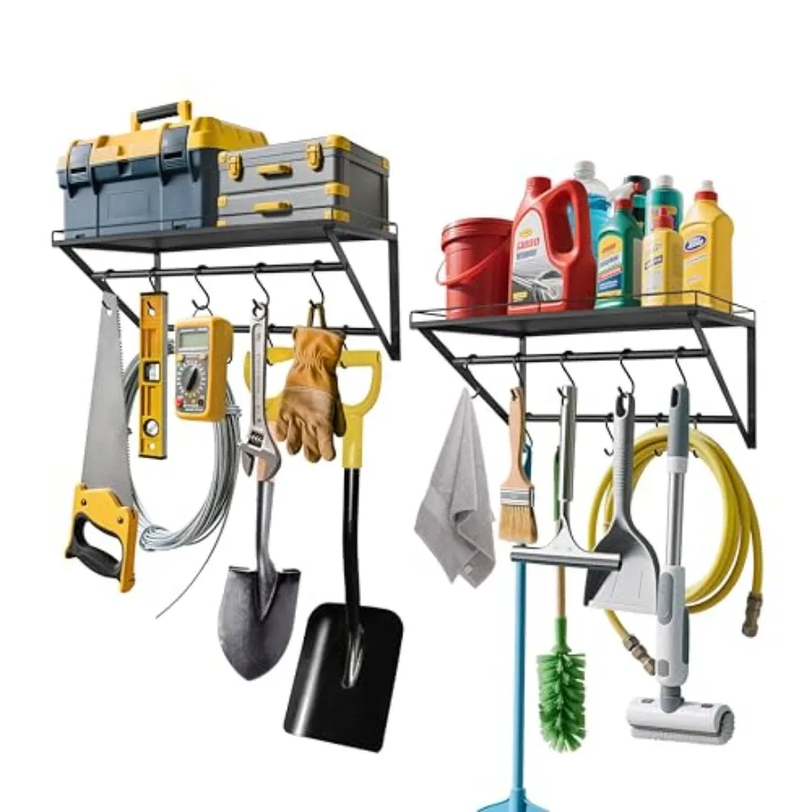 

2 Pack Garage Wall Shelf with 10 Hooks, 23.5" x 13"Wall Mounted Storage Shelves with 2 Hanging Bars Rack for Garage, Closet, La