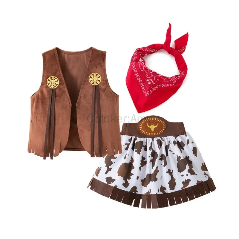 Halloween Clearance Girls Cowgirl Costume Kids Western Cowboy Fancy Dress Set Fringe Vest Bandana Cow Print Skirt Birthday Dress view 2