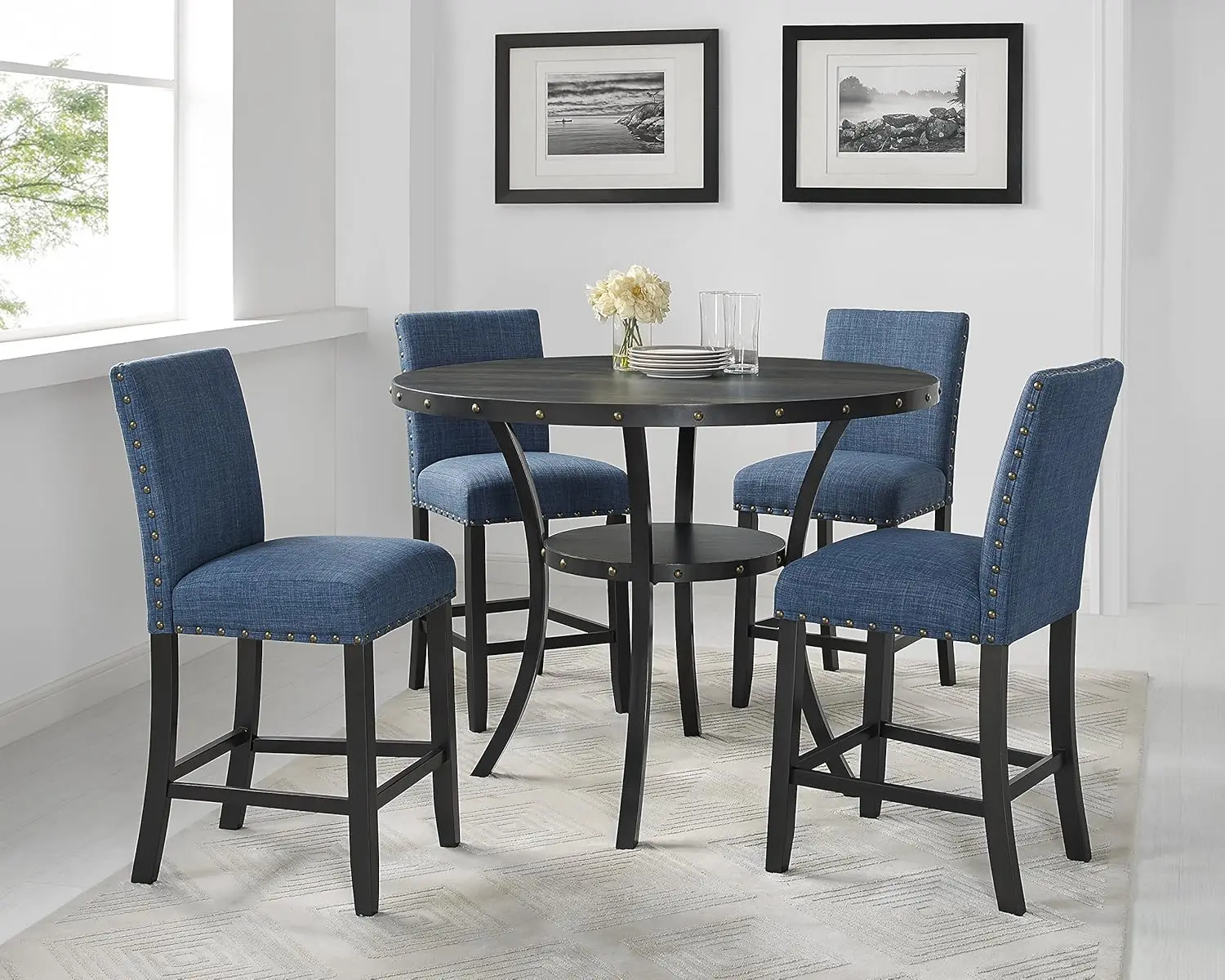 Furniture Collection Biony Espresso Wood Counter Height Dining Set with Blue Fabric Nailhead Stools,