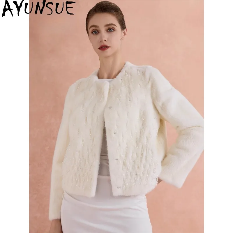 AYUNSUE Echt Minkbontjassen voor Dames, Saga Bontjas, Witte Bontjas, Elegante Buitenkleding voor Dames, Dameskleding, Manteau Femme