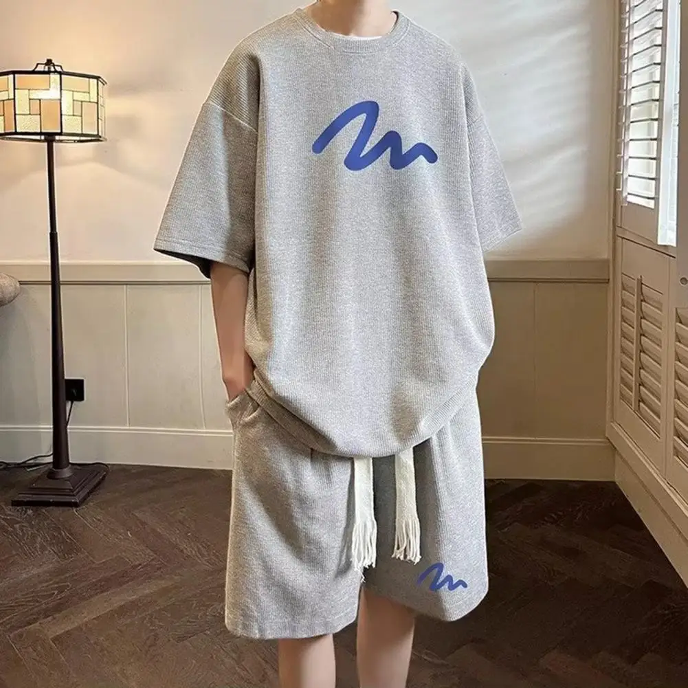 Oversized Tracksuit Waffle Handsome Two-piece Set Summer Men Suit Tops Wide Leg Shorts Short-sleeved Shirt+Letter Shorts Suit