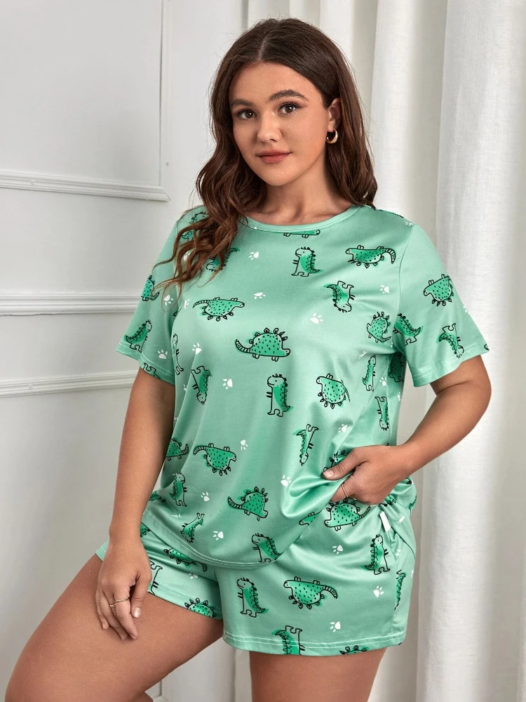 5XL PLUS ขนาดผู้หญิงชุดนอนชุดพิมพ์ชุดนอนแขนสั้นกางเกงขาสั้นฤดูร้อน Comfy ชุดนอน 2 ชิ้นหลวมเสื้อผ้า