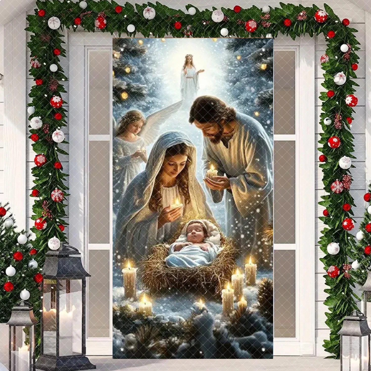 Świąteczny Noworoczny Baner na Drzwi Jasne Gwiazdy Szopka Bożonarodzeniowa Jezus Narodzony Ave Maria i Józef Święte Święto Dekoracje na Imprezę