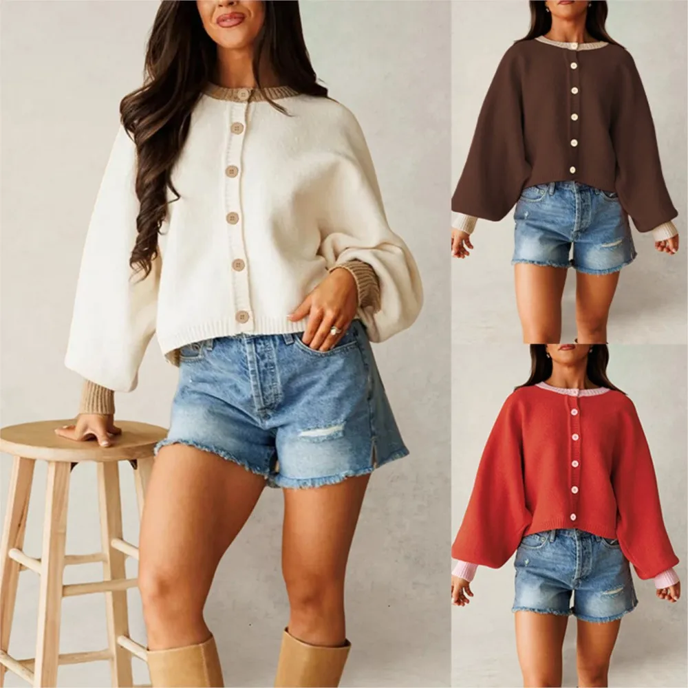 MsChuh Cardigan Contrast Trim Round Neck Sweater Button Lantern Long Sleeve Women's Sweaters And Pullovers Casual Autumn Knit