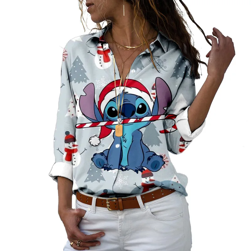 2022 Fall Christmas New Stitch and Mickey Cartoon Slim Long Sleeve Disney Minnie Mouse Pattern Shirt Spring Chiffon Loose Top