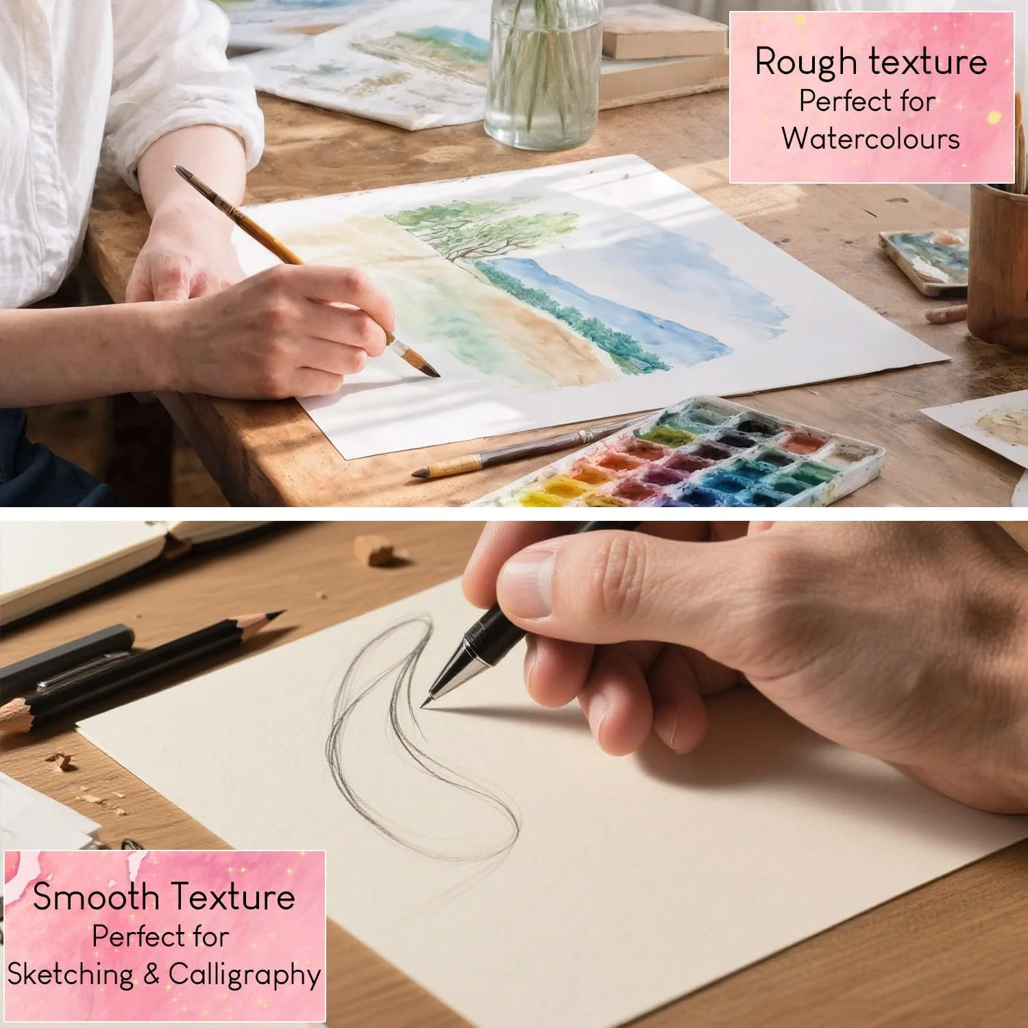 Professional Watercolor Sketchbook 210×210 mm, 300 GSM Rough Paper, Removable Metal Rings, Hand-Painted Dessert Cover, 22 Sheets view 4
