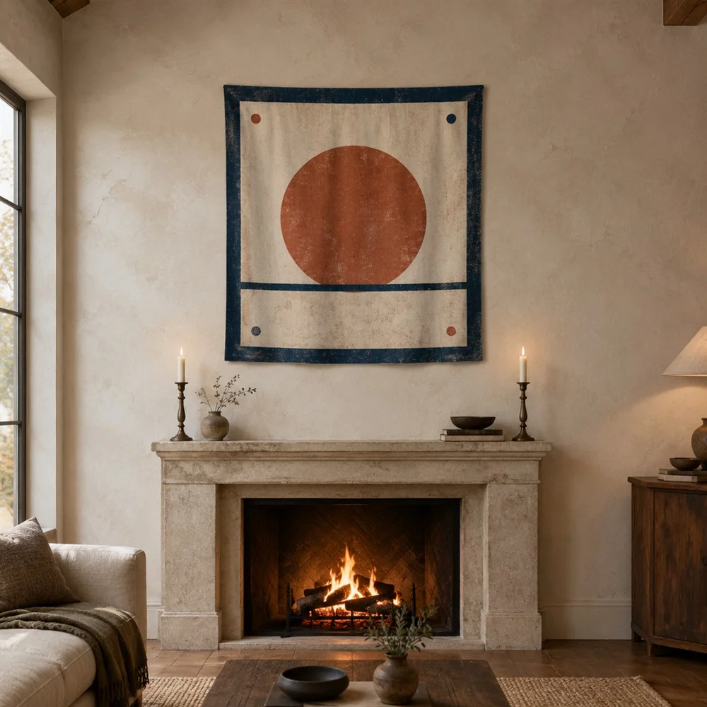 VIKAMA Circle and Line Minimal Border Frame Tapestry Wall Hanging, Wabi Sabi Wall Decor Tapestries for Kitchen Dining Room