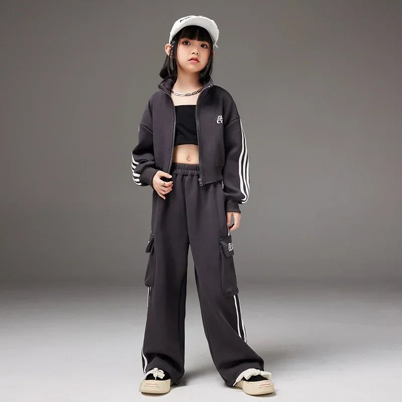 Girls Jazz Modern Dance Costumes Loose Casual Jacket Tops Side Striped Sweatpant Set Streetwear Hip Hop Stage Performance Wear image 2