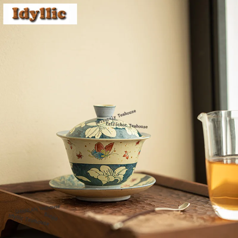 

160 мл Синий и Белый Firestone Красная Бабочка Лилия Гайвань Традиционная Чайная Варенья Чайная Чаша С Крышкой Набор Чайник Крышка Ча