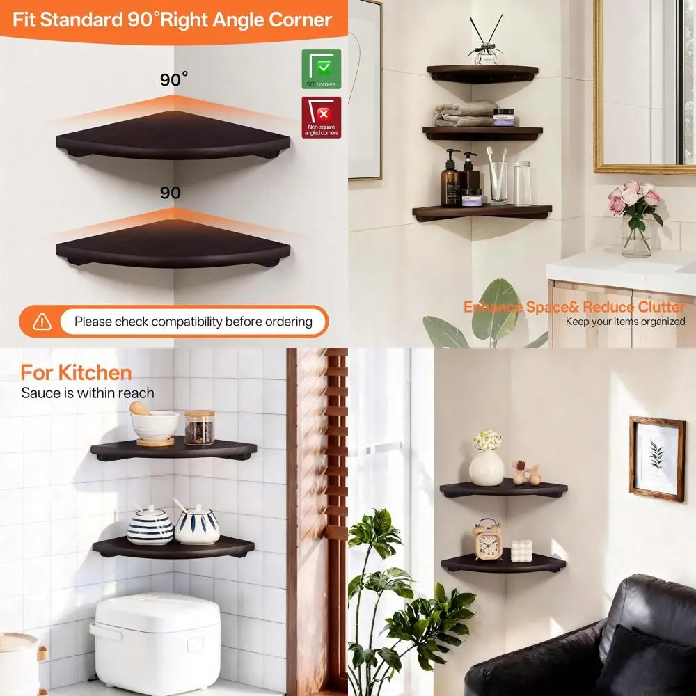

Set of 2 16 Walnut Rounded Solid Oak Wall Shelves with Cable Holes for Living Room, Bedroom, Bathroom, and Kitchen