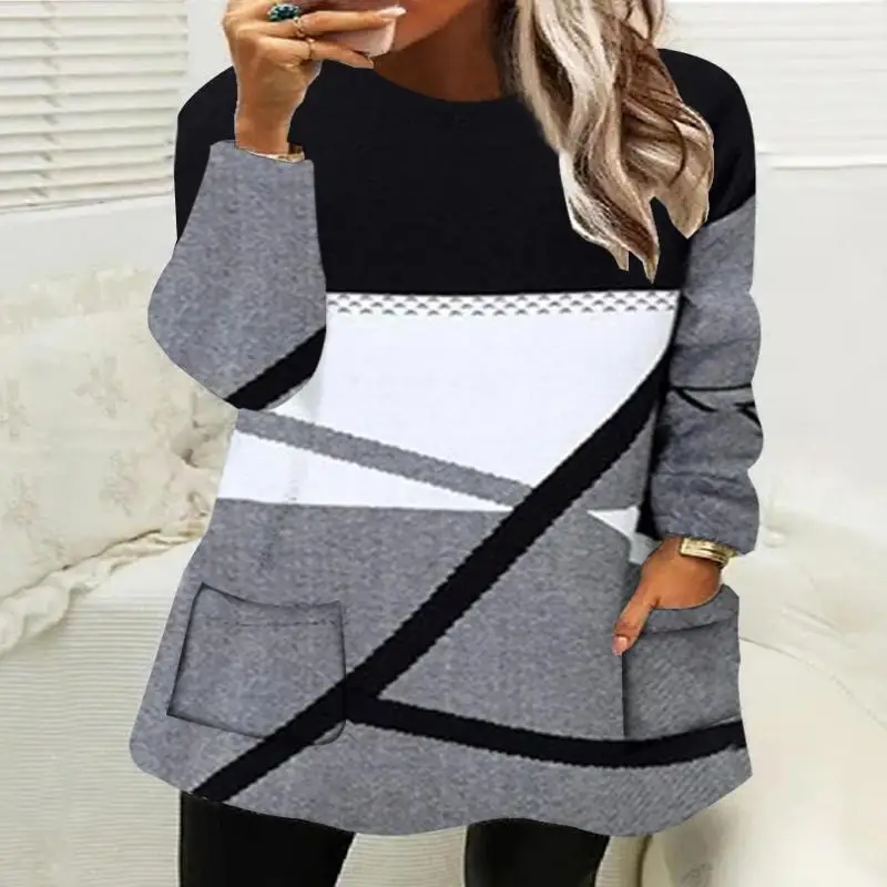 

Plus Size Women Long Sleeve Scoop Neck Stitching Pockets Tops