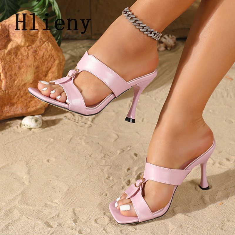 

Hlieny New Square Toe Belt Buckle Women Slippers Summer Fashion Elegant Thin High Heels Female Banquet Party Dress Slides Shoes