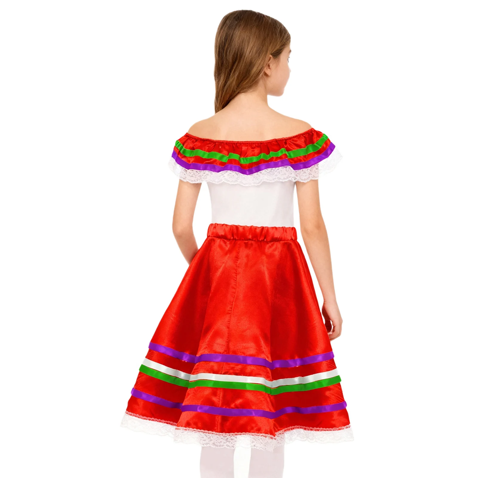فستان رقص الفلامنكو المكسيكي مكون من قطعتين للفتيات الصغيرات مع مجموعة تنورة لملابس الأداء المسرحي للأنشطة المكسيكية