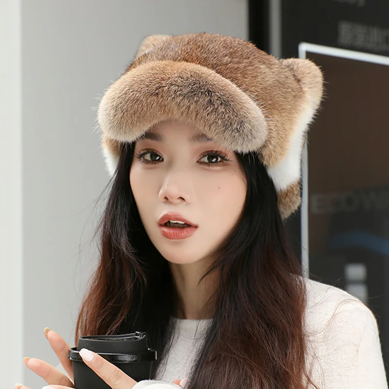 Women Trapper Bomber Hats Russian Ushanka Warm Winter Rabbit Fur Earflap Hat Outdoor Sports Skiing Hunting Plush Cap