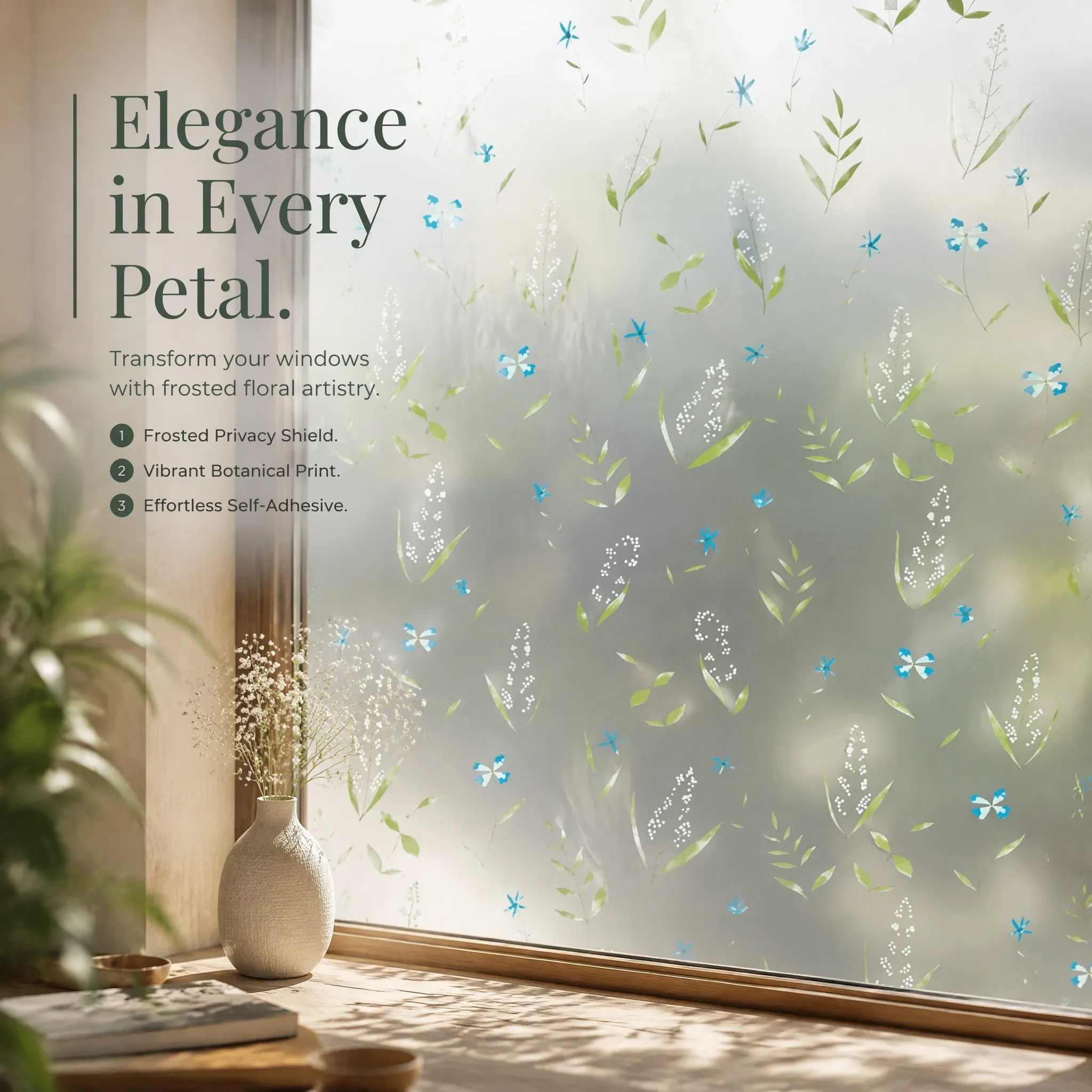 Blue Wildflower Design Self-Adhesive Frosted Privacy Window Film Decorative Glass Sticker for Kitchen Bathroom