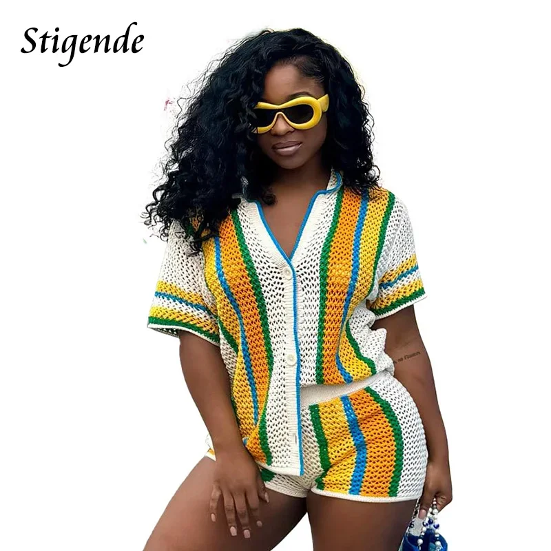 Stigende Summer Knit Two Piece Set Woman Striped Cardigan Outfit Turn Down Collar Blouse and Shorts