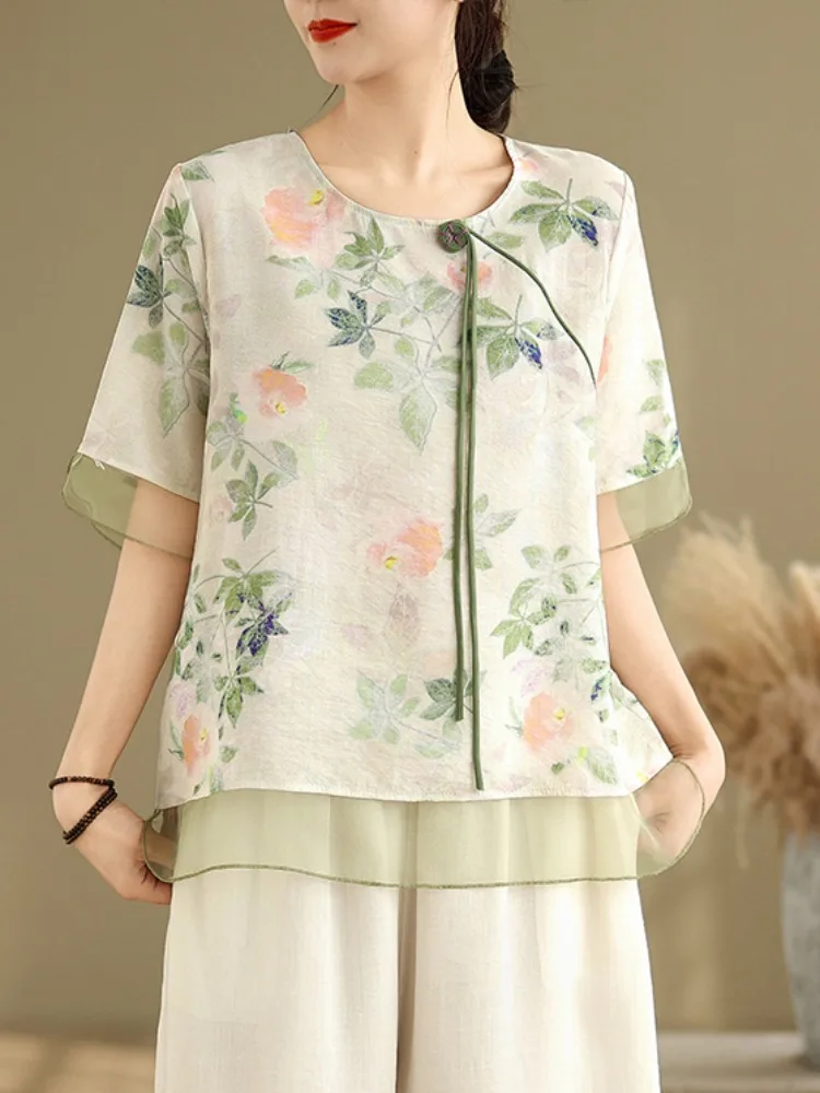 女性中国のファッションブラウス女性花柄シャツ