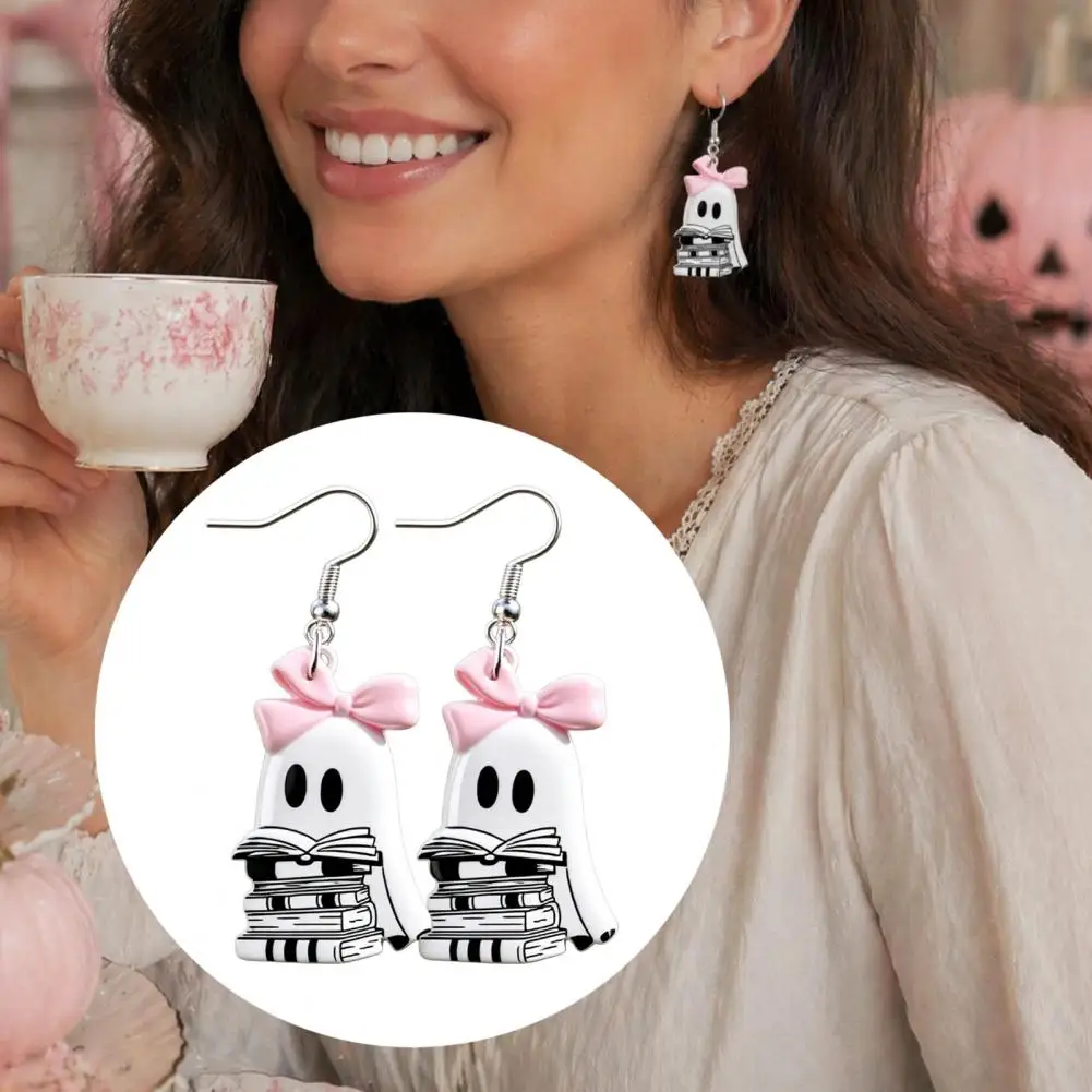 Ear Friendly Earrings Cute Ghost Drop Earrings Lightweight Acrylic Halloween Jewelry Sweet Bowknot Accessories for Women Girls