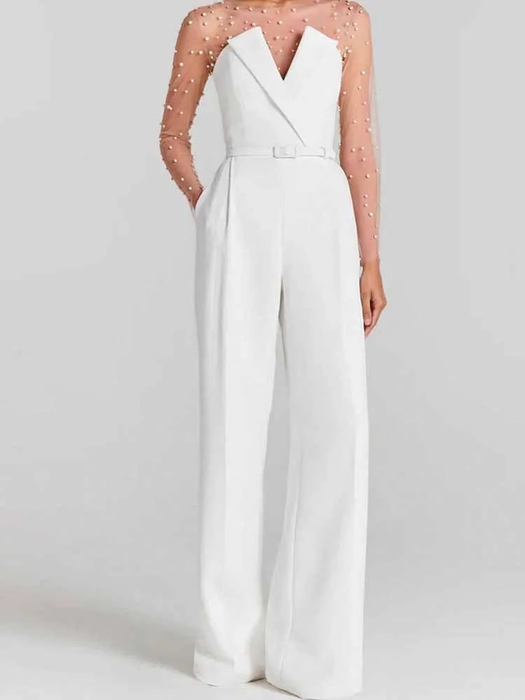 

BKQU Elegant Strapless Women Jumpsuit Solid Belt V-neck Sleeveless High Waist Slim Wide Leg Rompers Commuting One Piece Overalls