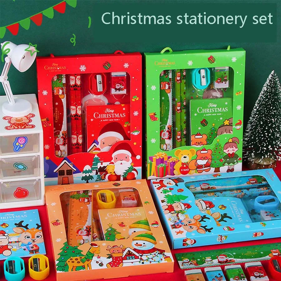 1pc Christmas Stationery Set Kids Cartoon Pencils Eraser Ruler Memo Pads Pencil Knife Set School Supplies Back To School Gift