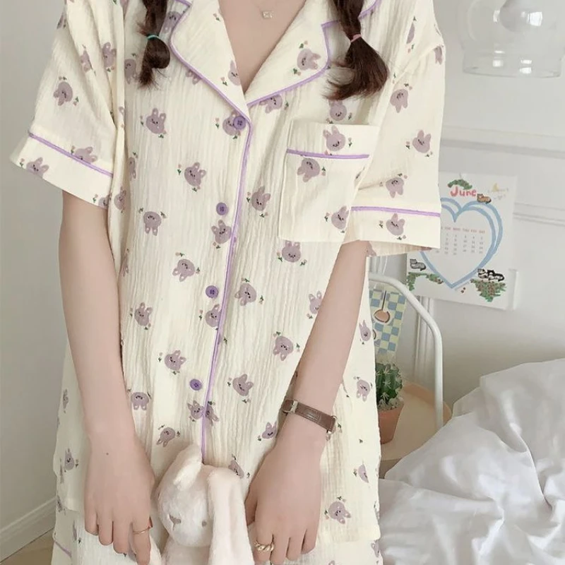 Summer Women\'s Short-sleeved Shorts Pajama Suit Lapel Cotton Shirt Cute Bunny Print Can Be Worn Outside 2024 Hot Sale