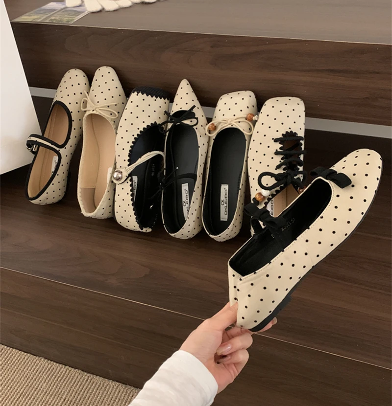 

Women's Polka Dot Bow Ballet-Inspired Fairy Mary Janes Shoes 2025 New Arrival Sweet Low-Cut Slip-On Shoes for Matching Skirts