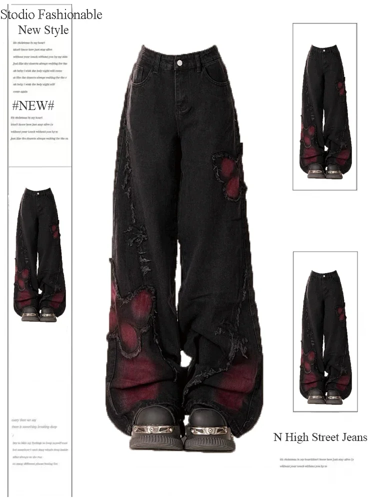 Women's Black Gothic Baggy Jeans Harajuku Y2k Aesthetic Print Denim Trousers Korean Jean Pants Vintage 2000s Clothes Design