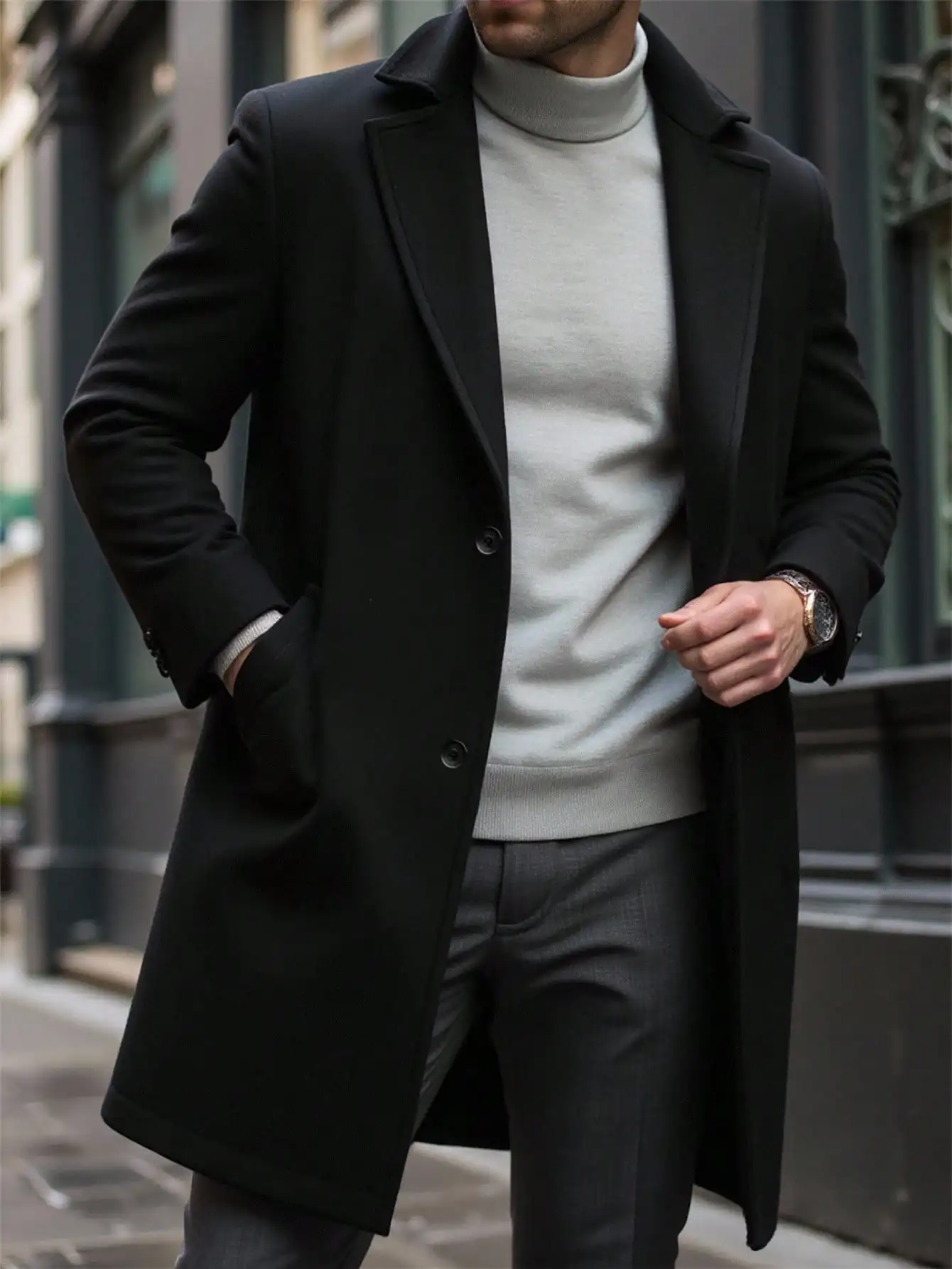 Men's Solid Black Single-Breasted Long Wool Blend Overcoat for Autumn Winter