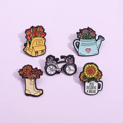 Vintage Bicycle Flower Basket Enamel Pin Rose Lily Daisy Boot Sweet Romance Brooch Lapel Badge Valentine's Day Jewelry Wholesale