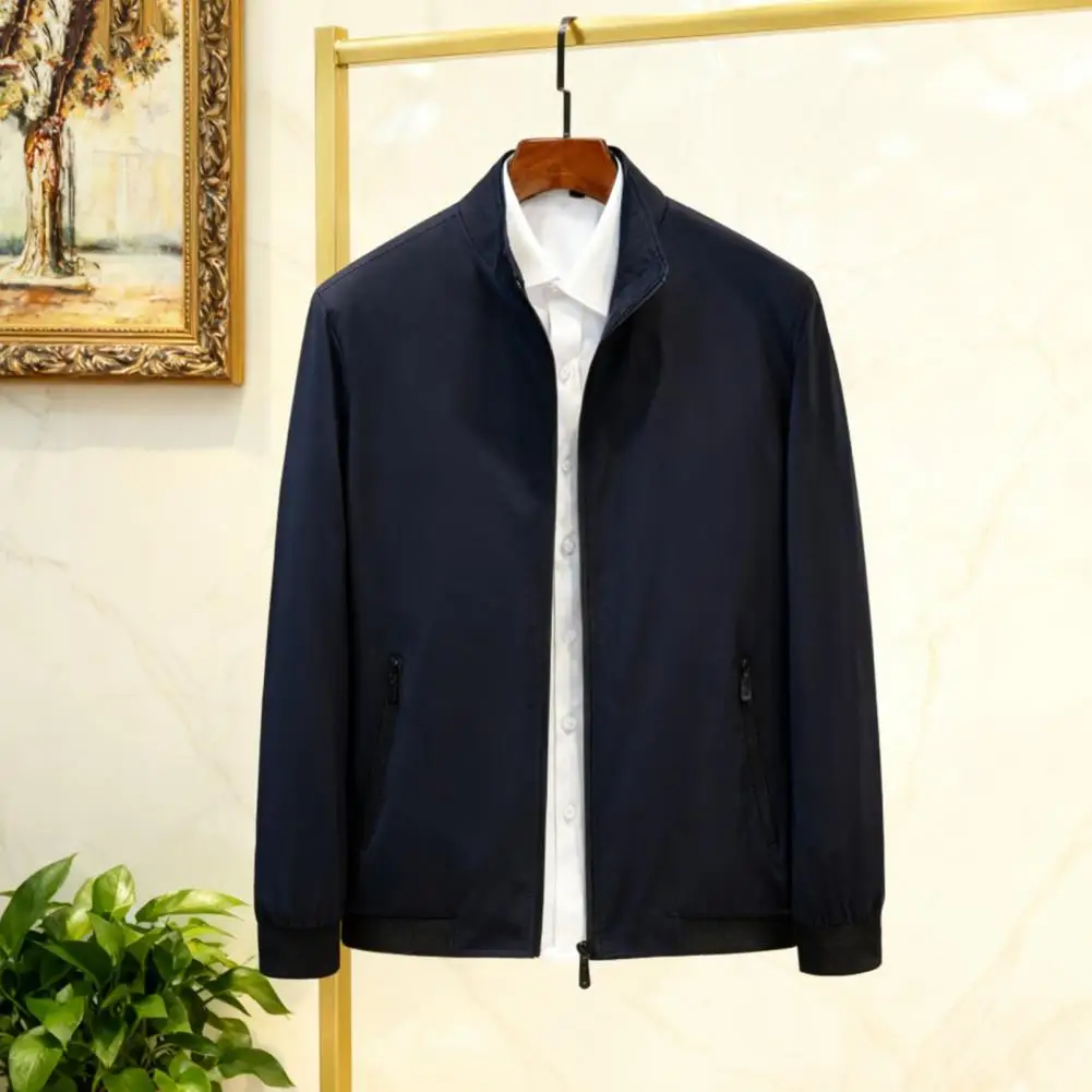 سترة رجالية مقاومة للرياح، ملابس خارجية مريحة للرجال، سترة رجالية أنيقة مقاومة للرياح مع ياقة واقفة وسحاب وجيوب للإغلاق للرجال