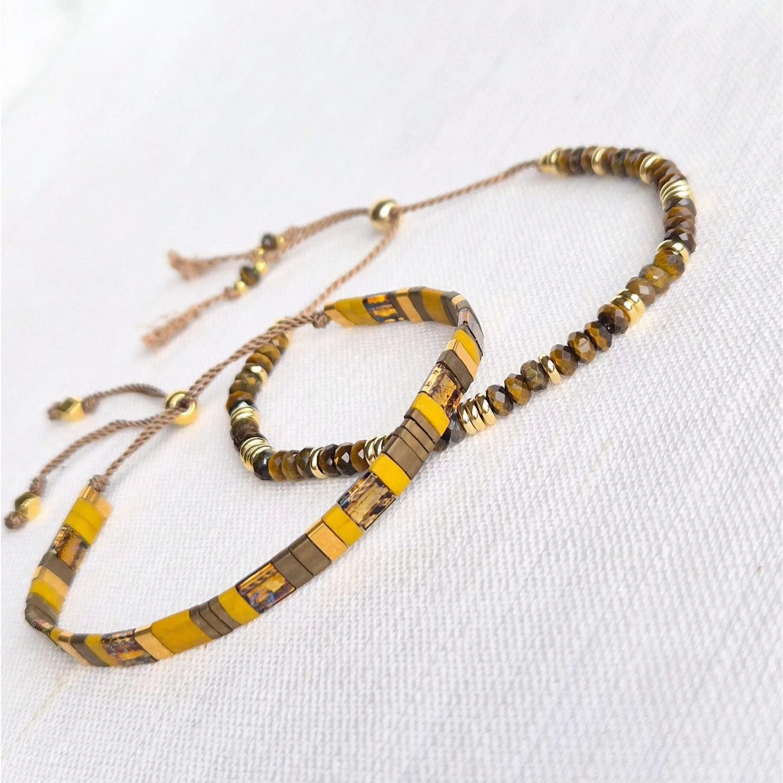 Set of 2 Bracelets, Tiger Eye gemstone and Tila bracelet, gemstone courage gift