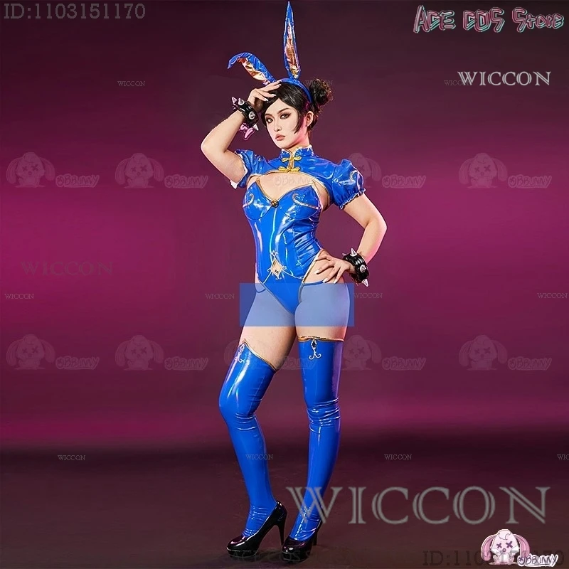 Street Chunli Chun Li Cosplay Costume Wig Fighter Game SF Role Play Bunny Girls Outfit PU Tight Skirt Halloween Sexy Dress Party