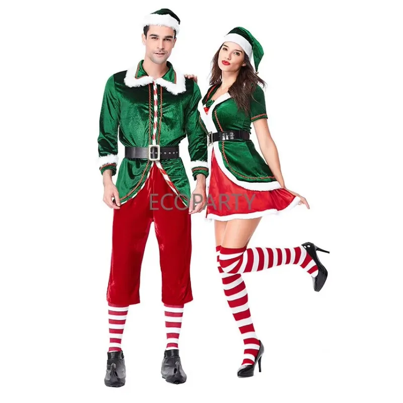 Men Christmas Santa Claus Costume Green Elf Cosplay Family Christmas Party New Year Fancy Dress Clothes Set For Adult