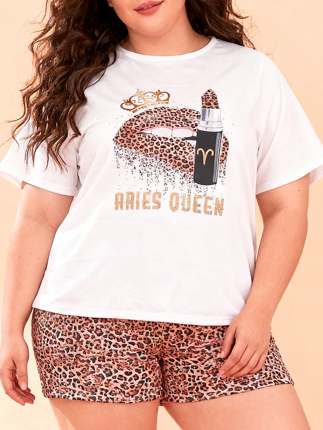 

Plus Size Women's Spring Summer Leopard Print Short Sleeve T-Shirt & Shorts Pajamas Home Loungewear Set