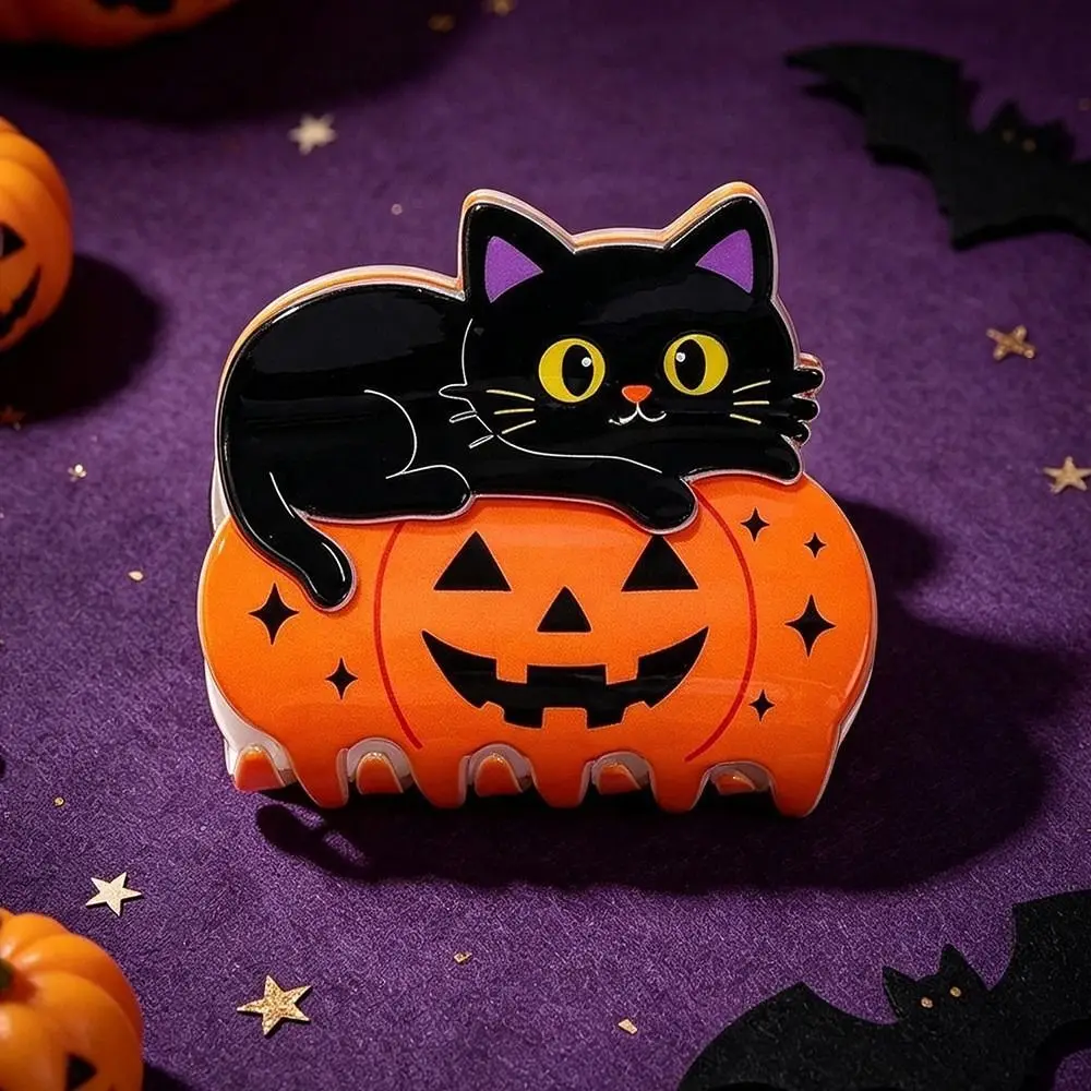 Cute Animal Halloween Hair Claw Non Slip Lightweight Pumpkin Shark Clip Bright Color Creative Design Black Cat Hair Claw