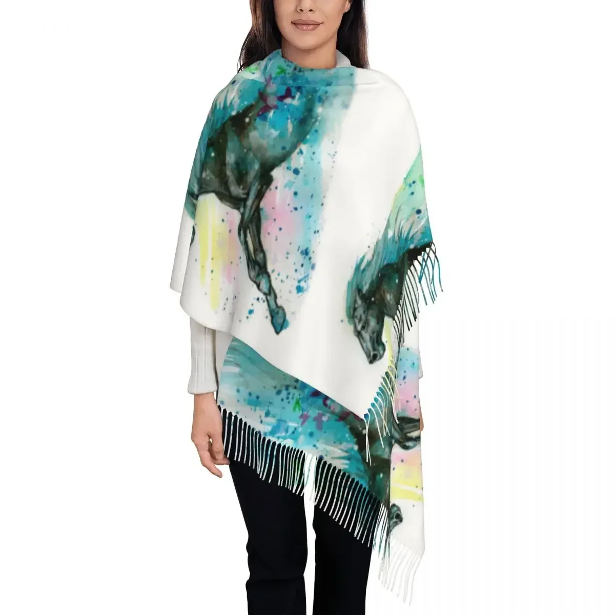 

Watercolor Running Horse Women's Pashmina Shawl Wraps Fringe Scarf Long Large