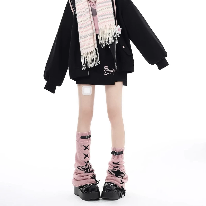 Spring Autumn New Women's Socks Pink Leather Buckle Fashion Strap Calf Warm Leg Warmers Versatile Skinny Stacking Hosiery Ladies