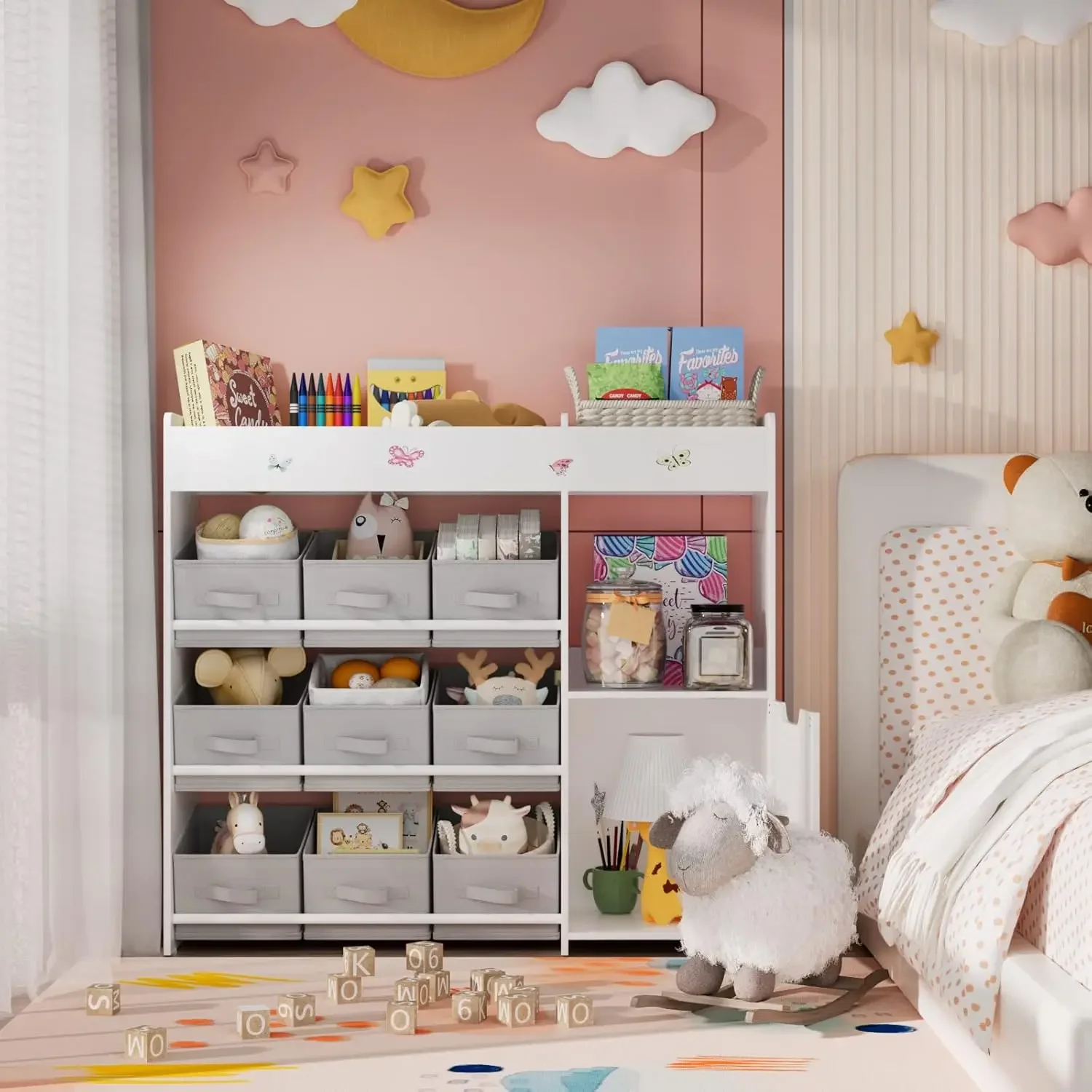 Kids Bookshelf, Toy Storage Organizer with Bookcase, Children's Toy Shelf with 9 Bins for Children's Room, Playroom, Hallway, Ki image 2
