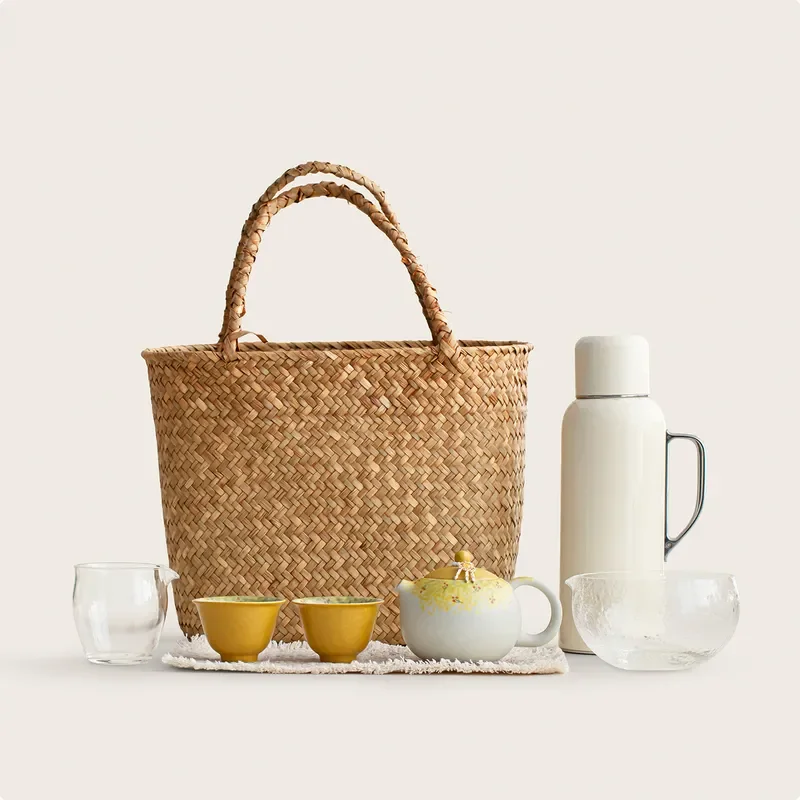 Qiufang Guiying Underglaze Ceramic Tea Set with Rattan Tote Bag Thermos Cup Fair Cup for Picnic Outing Tea Party Portable