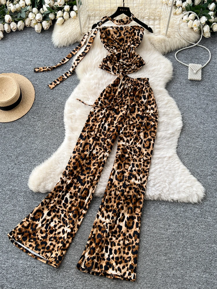 

Foamlina 2025 Новый комплект женской одежды Y2K Уличная одежда Элегантный топ без рукавов с леопардовым принтом и широкие брюки Комплект из 2 предметов