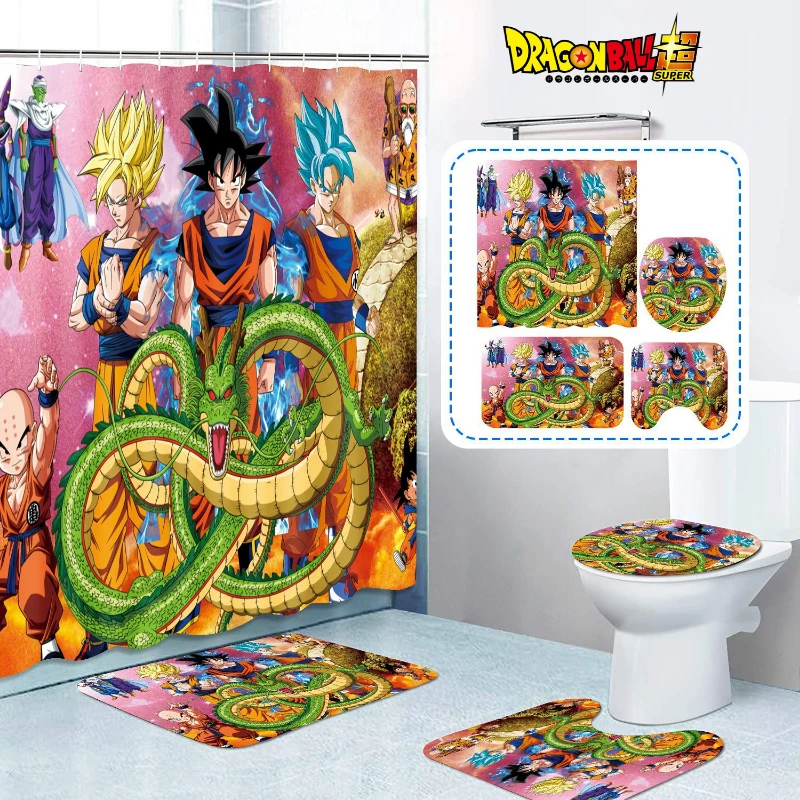 

Dragon Ball Home Bathroom Supplies Set Anime Son Goku Non-slip Mat Toilet Floor Mat Shower Curtain Digital Print Waterproof Gift