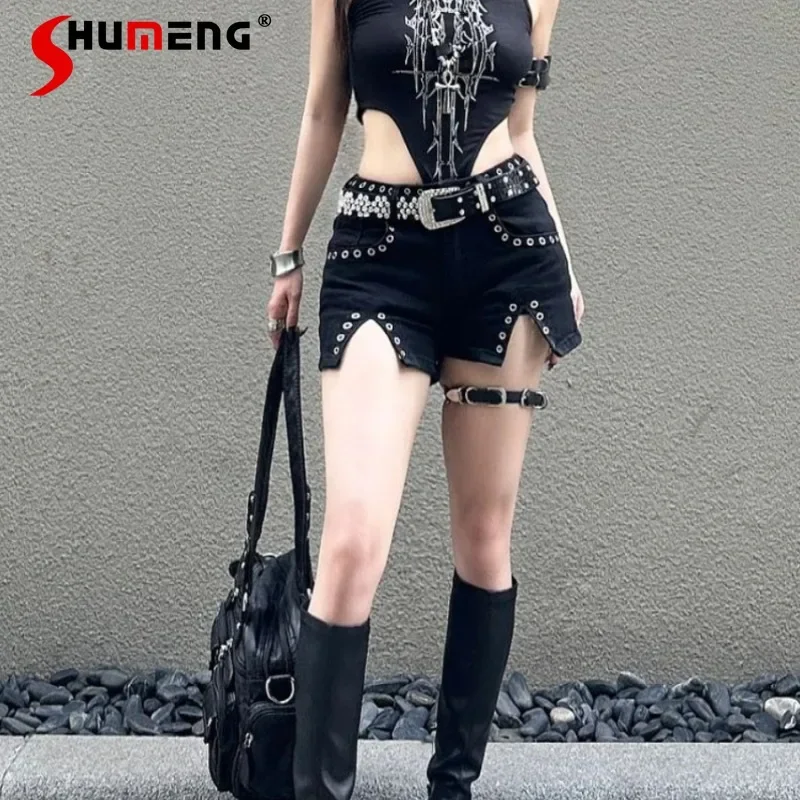 

American Style Y2k Sexy Hot Girl Denim Shorts Women's Summer Rivet Low Waist Slimming A-line Split Wide Leg Black Booty Pants