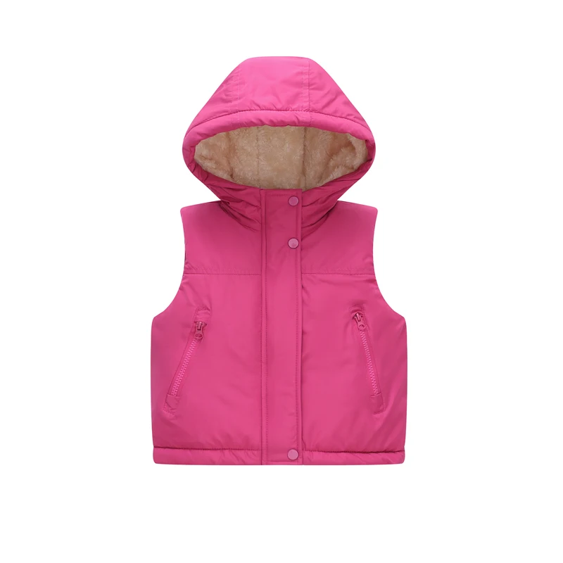Autumn Winter Girls Vest Solid Color Lamb Fleece Lining Thick Warm Hooded Zipper Waistcoat For 2-10Y Kids Cotton Down Jacket