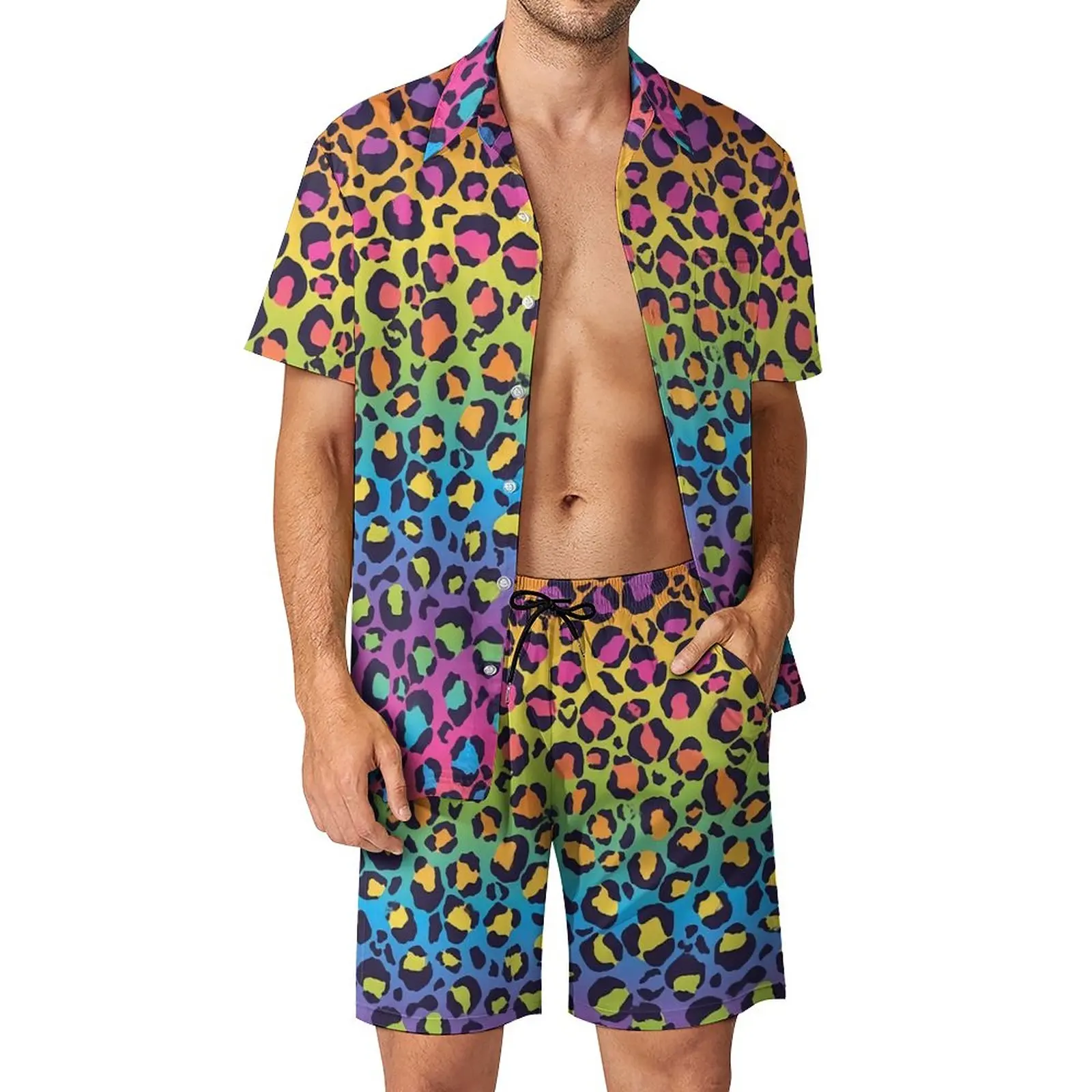 Rainbow Ombre Fitness Outdoor Men Sets Leopard Print Casual Shirt Set Summer Design Shorts 2 Piece Trendy Suit 2XL 3XL