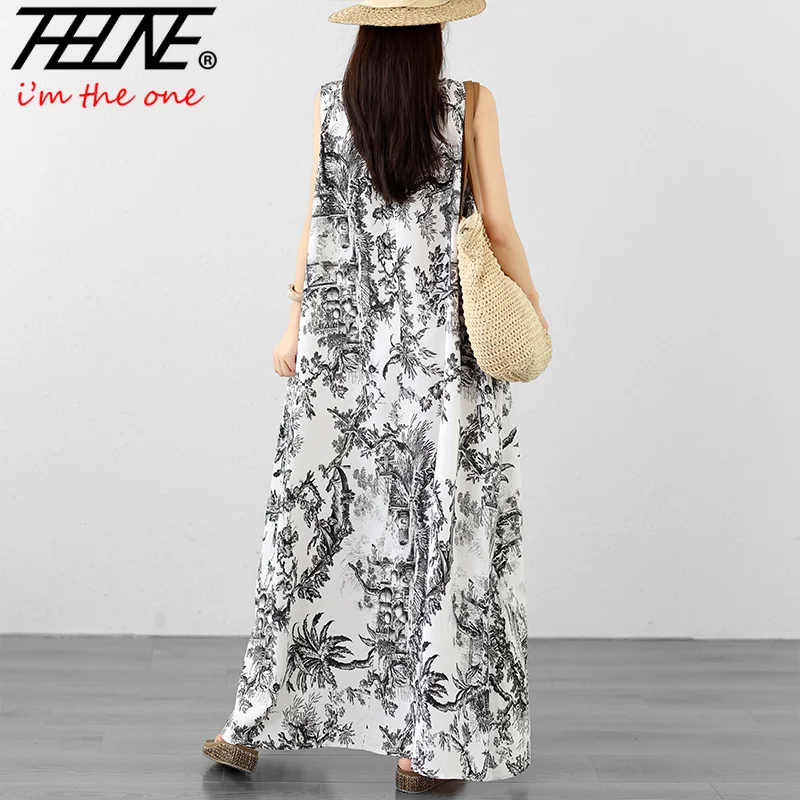 THHONE Vestido Largo sin Mangas de Verano para Mujer 2026, Cuello Redondo, Estampado Bohemio, Estilo Casual de Playa para Vacaciones, Vestidos para Mujer